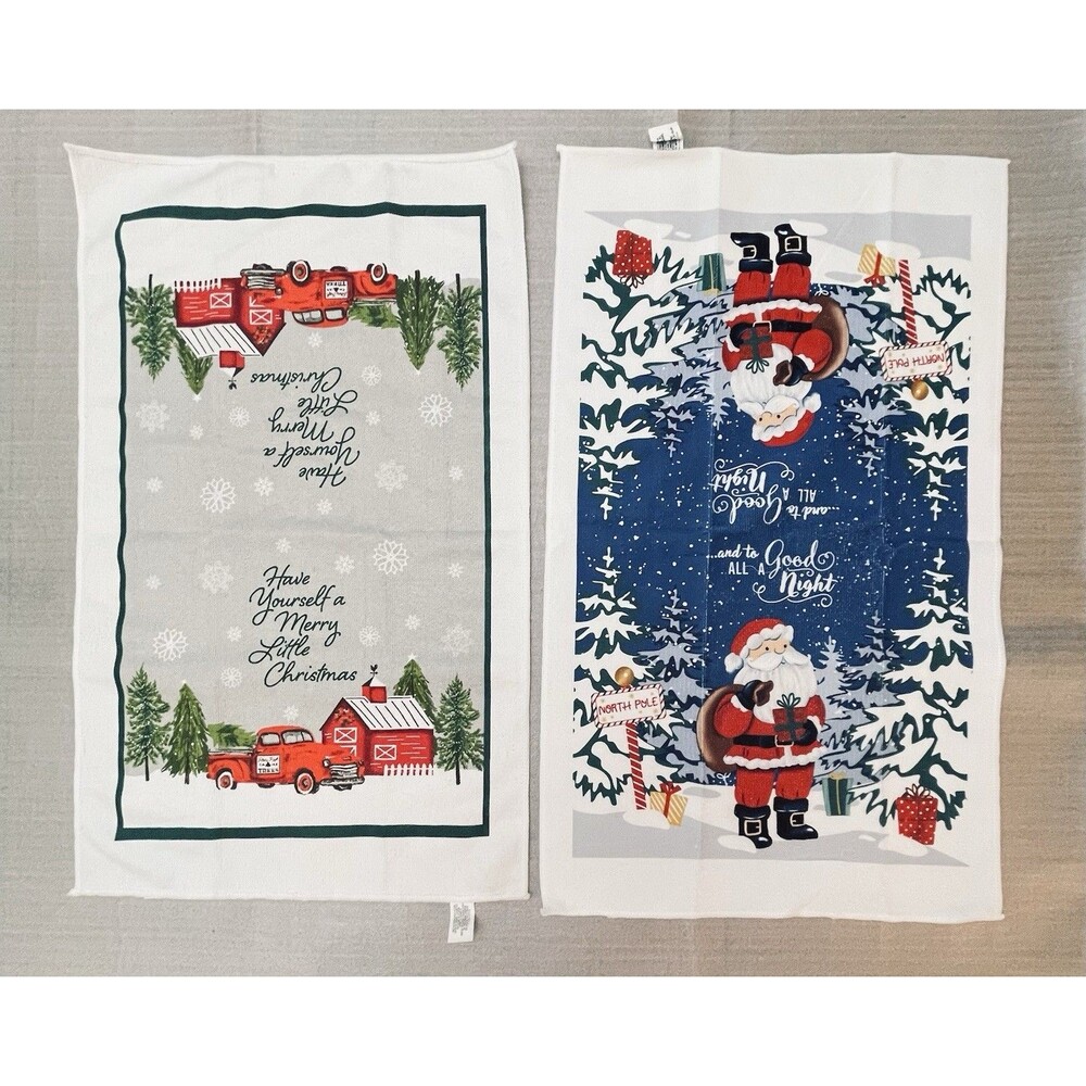 Lot of 2 Merry Christmas Kitchen Towels Santa Red Truck Barn Holiday Decor - Picture 2 of 11
